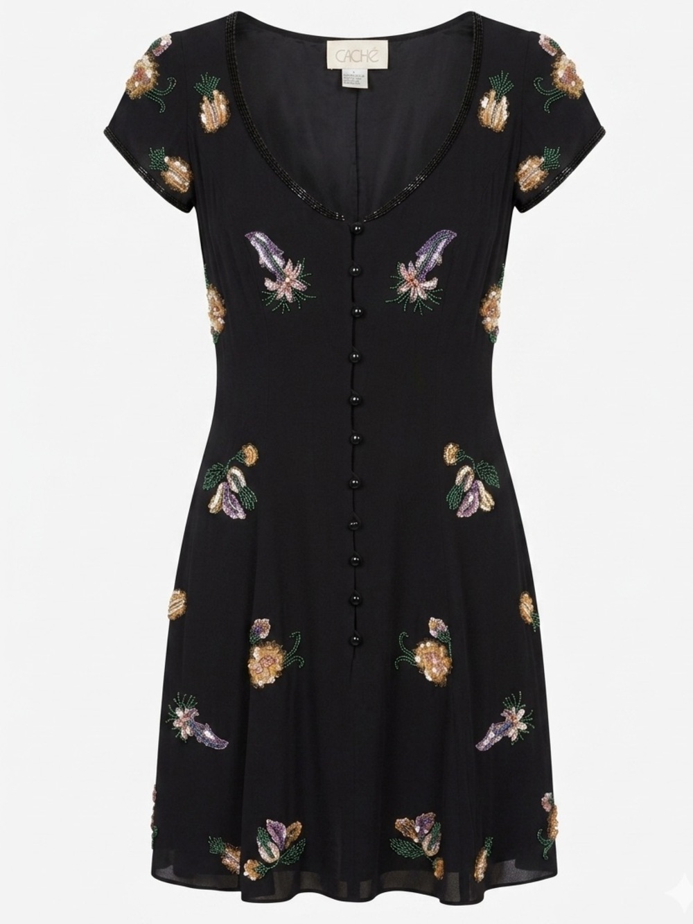 SZ 6 90’s CACHE  100% SILK BLACK BEADED FLORAL WHIMSIGOTH SHIFT DRESS